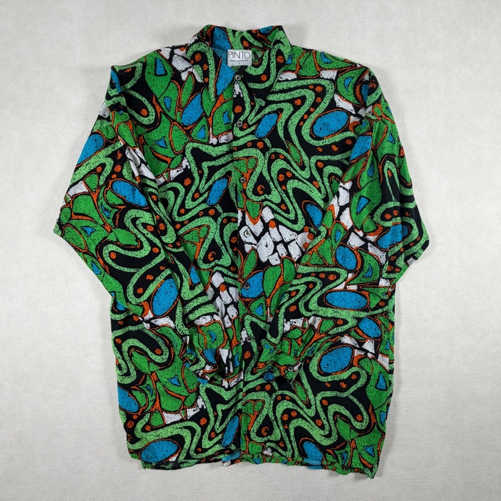 Vintage Pinto England Mens Large Abstract Graphic Button Down Shirt Green Blue